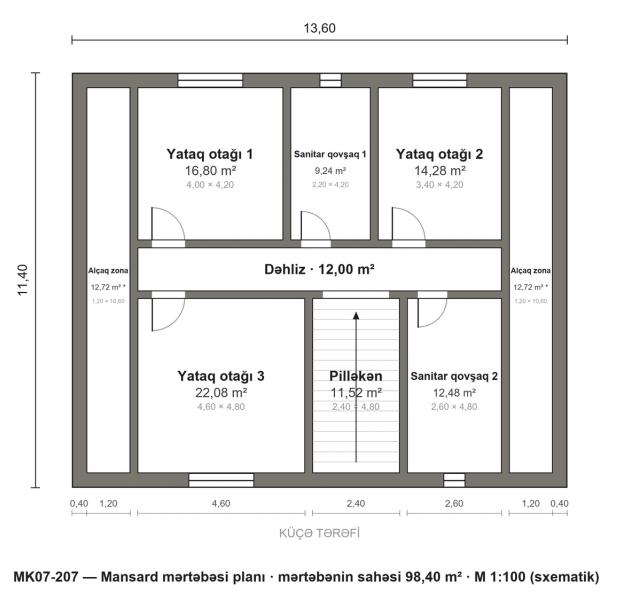 MK07-207 layihəsinin mansard mərtəbəsi planı — 3 yataq otağı