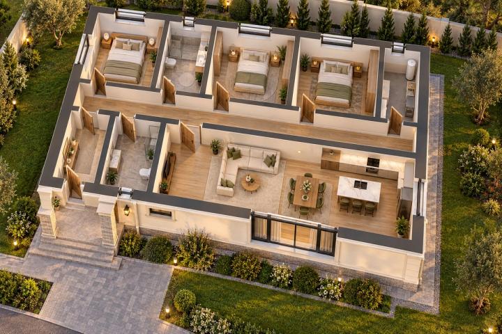 BK48-139 layihəsinin 3D kəsik planı — mebelli otaqlar, vizuallaşdırma