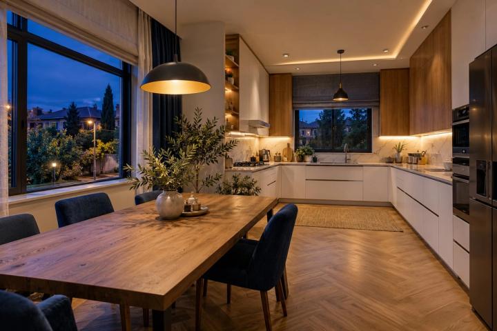 Modern üslubunda mətbəx (həyət evi, axşam, lampalar yanır) — Standart təmir paketi, dizayn vizuallaşdırması