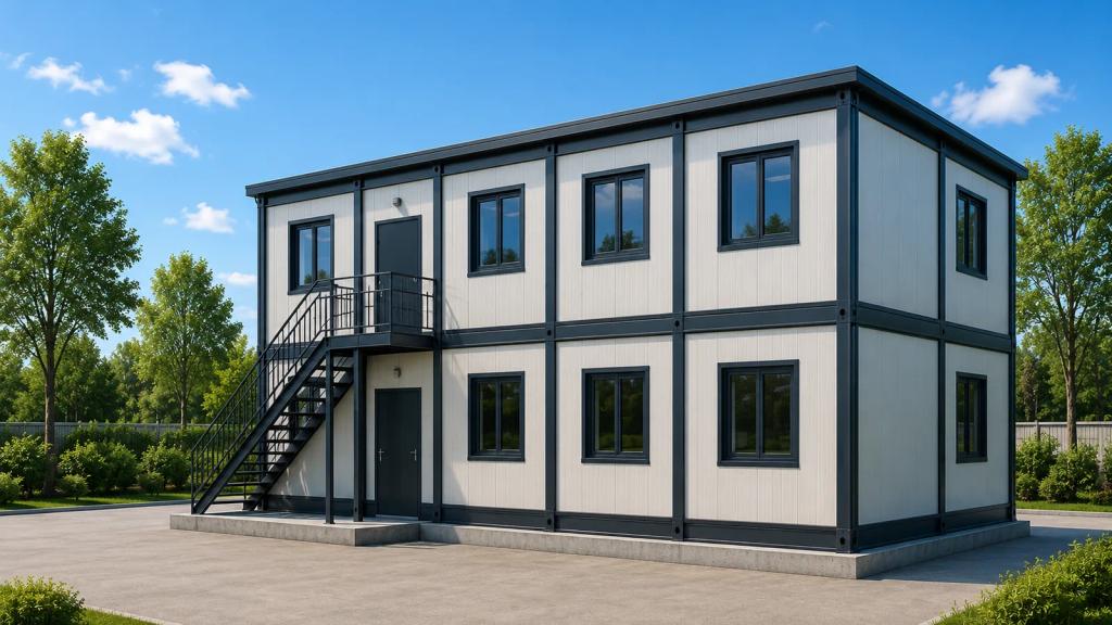 İkimərtəbəli prefabrik ofis binası — açıq rəngli panel divarlar, tünd boz karkas, yuxarı mərtəbəyə metal pilləkən və beton əsas
