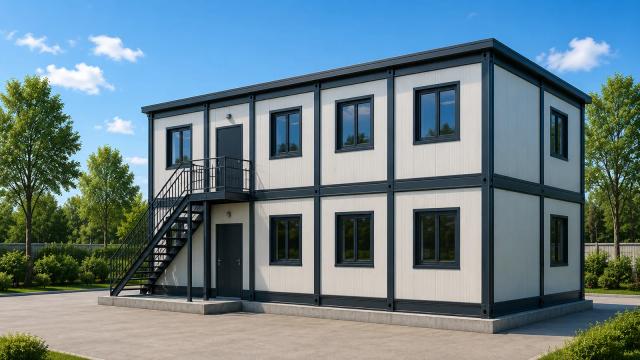 İkimərtəbəli prefabrik ofis binası — açıq rəngli panel divarlar, tünd boz karkas, yuxarı mərtəbəyə metal pilləkən və beton əsas