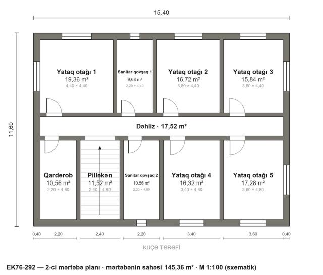 EK76-292 layihəsinin 2-ci mərtəbə planı — 5 yataq otağı