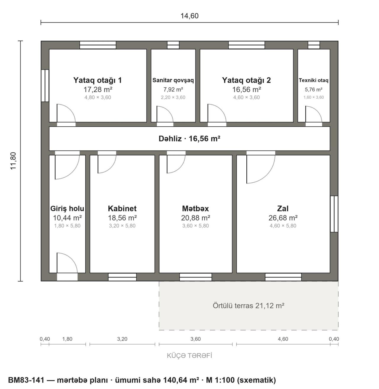 BM83-141 layihəsinin mərtəbə planı — 141 m², 2 yataq otağı