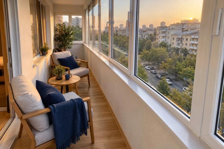 Modern üslubunda eyvan (köhnə planlı mənzil, axşamüstü işıq) — Ekonom təmir paketi, dizayn vizuallaşdırması