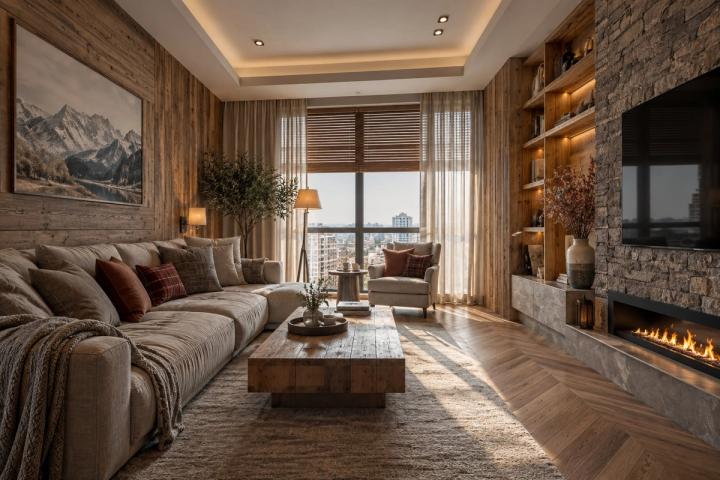 Şale üslubunda qonaq otağı (yeni tikili mənzil, gündüz işığı) — Premium təmir paketi, dizayn vizuallaşdırması