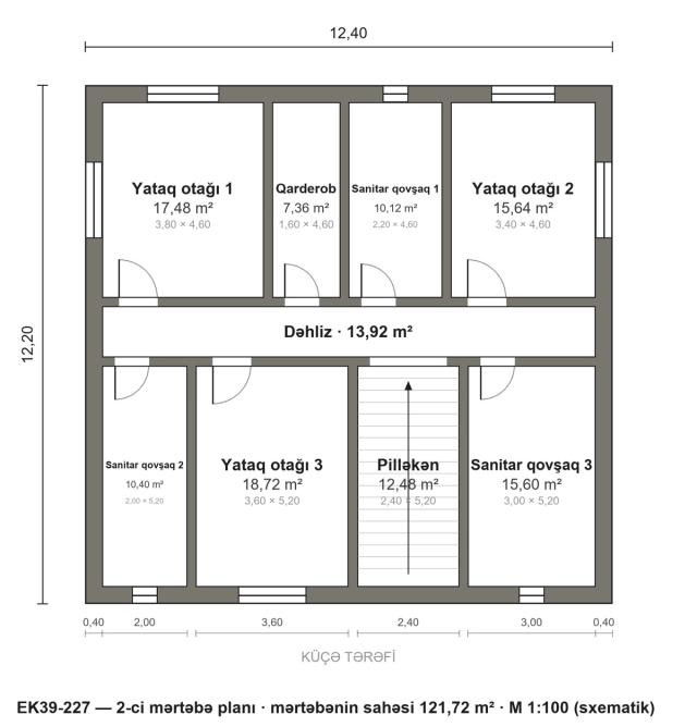 EK39-227 layihəsinin 2-ci mərtəbə planı — 3 yataq otağı