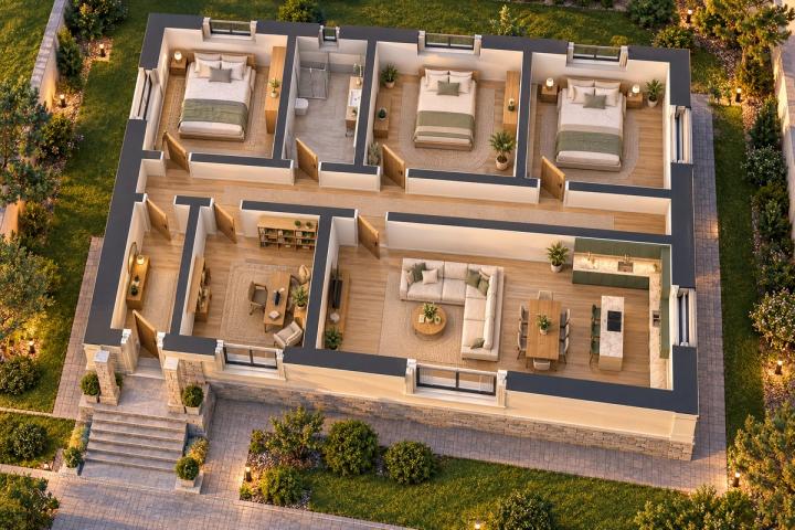 BK46-132 layihəsinin 3D kəsik planı — mebelli otaqlar, vizuallaşdırma