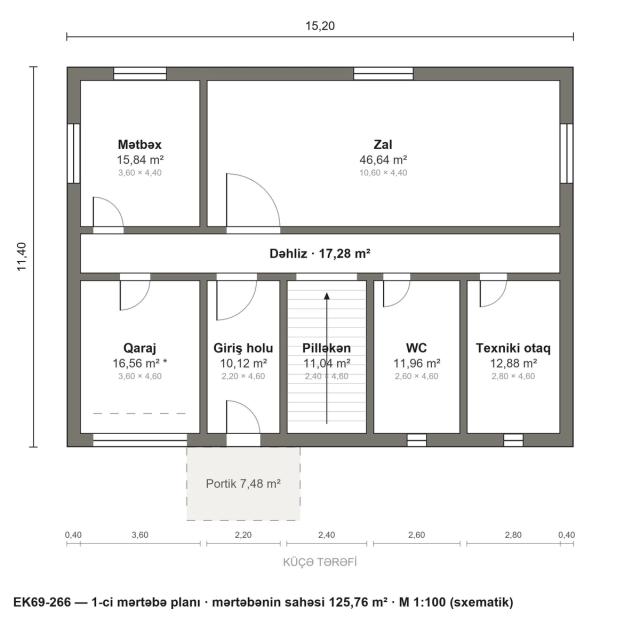 EK69-266 layihəsinin 1-ci mərtəbə planı — 125,76 m²
