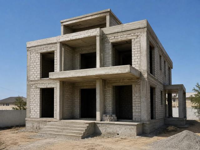 Shell construction of a two-storey private house in the Pirshaghi settlement, Sabunchu district of Baku — a monolithic frame, beams and block walls