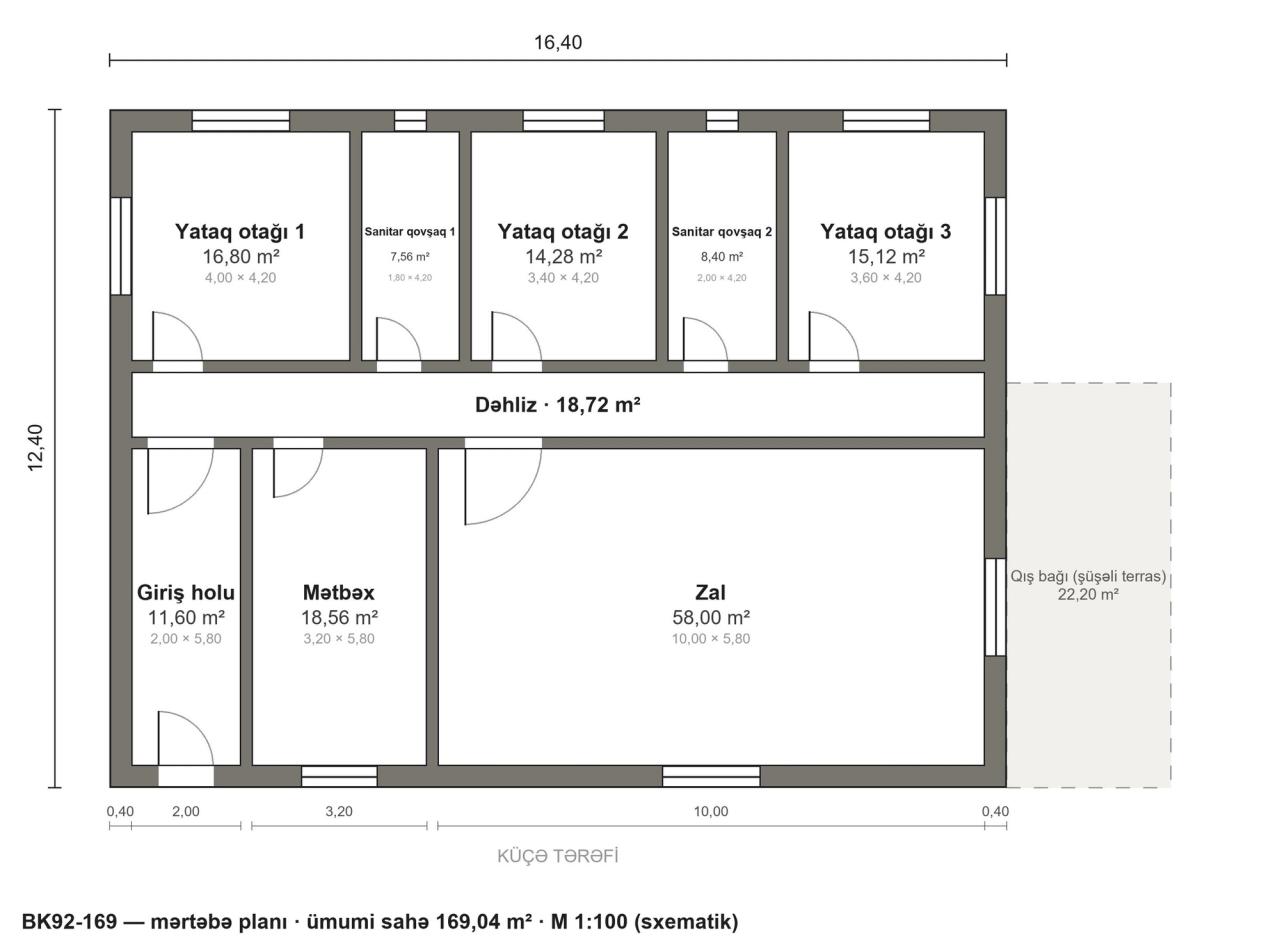 BK92-169 layihəsinin mərtəbə planı — 169 m², 3 yataq otağı