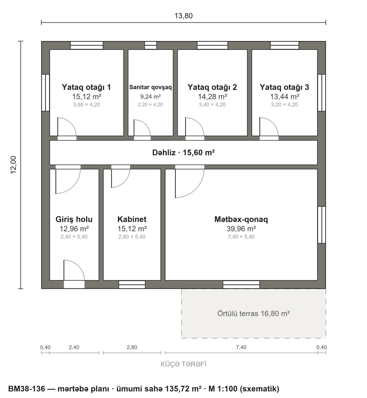 BM38-136 layihəsinin mərtəbə planı — 136 m², 3 yataq otağı