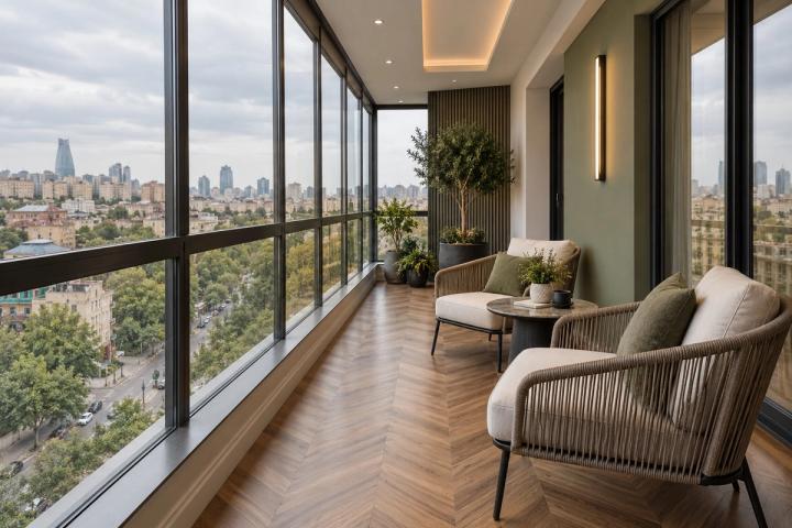 Modern üslubunda eyvan (penthaus, gündüz işığı) — Premium təmir paketi, dizayn vizuallaşdırması