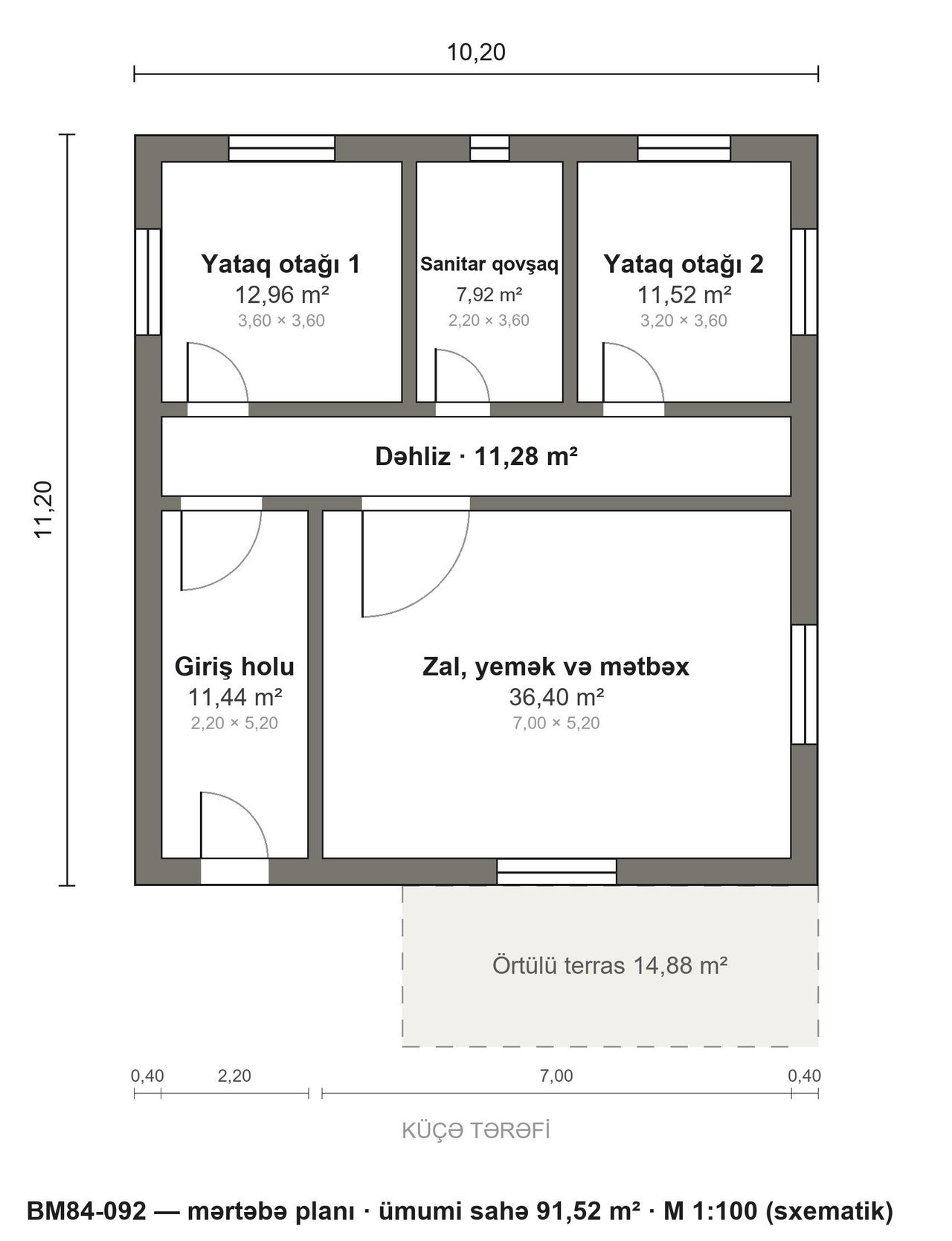 BM84-092 layihəsinin mərtəbə planı — 92 m², 2 yataq otağı