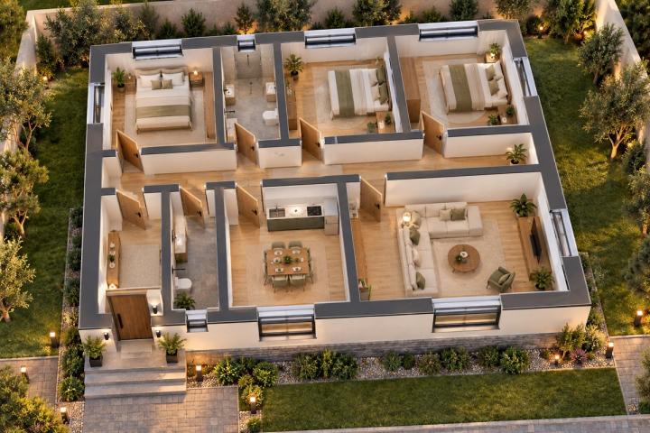 BM98-123 layihəsinin 3D kəsik planı — mebelli otaqlar, vizuallaşdırma