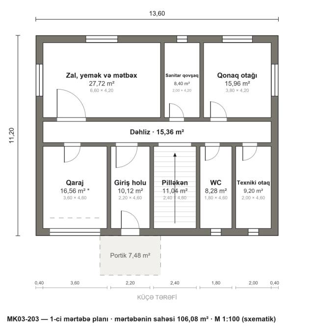 MK03-203 layihəsinin 1-ci mərtəbə planı — 106,08 m²