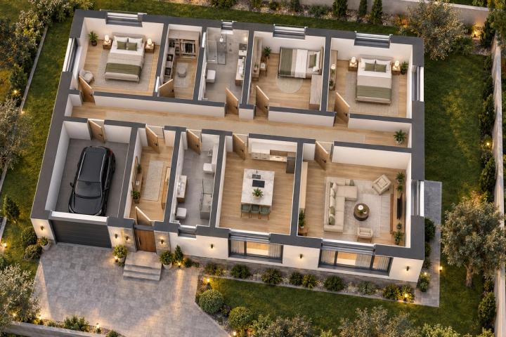 BM16-137 layihəsinin 3D kəsik planı — mebelli otaqlar, vizuallaşdırma