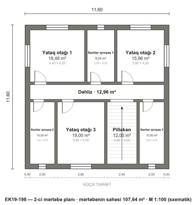 EK19-198 layihəsinin 2-ci mərtəbə planı — 3 yataq otağı