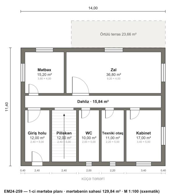 EM24-259 layihəsinin 1-ci mərtəbə planı — 129,84 m²