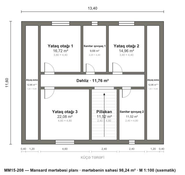 MM15-208 layihəsinin mansard mərtəbəsi planı — 3 yataq otağı
