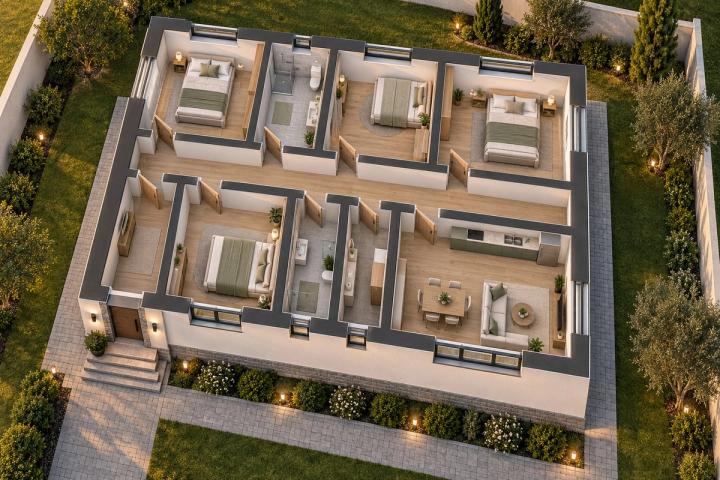 BM13-135 layihəsinin 3D kəsik planı — mebelli otaqlar, vizuallaşdırma