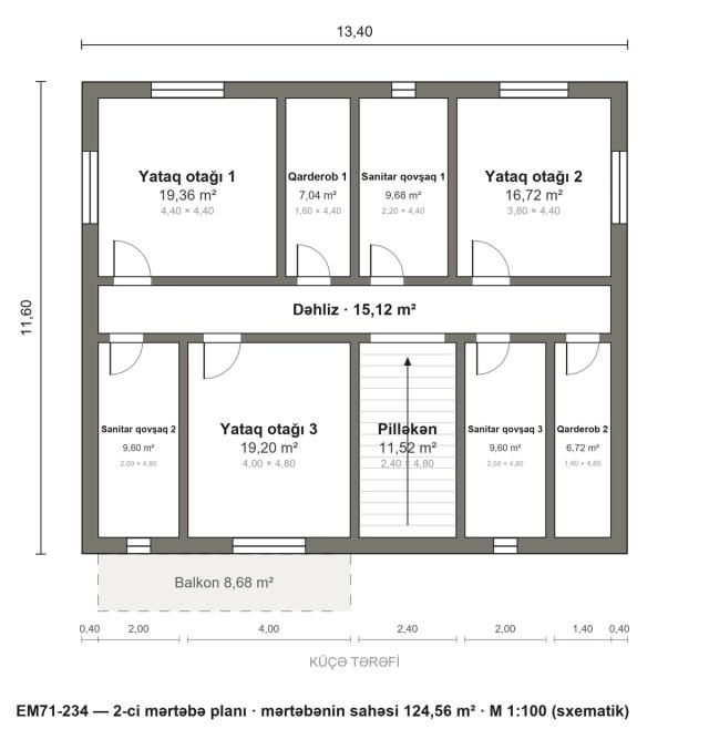 EM71-234 layihəsinin 2-ci mərtəbə planı — 3 yataq otağı