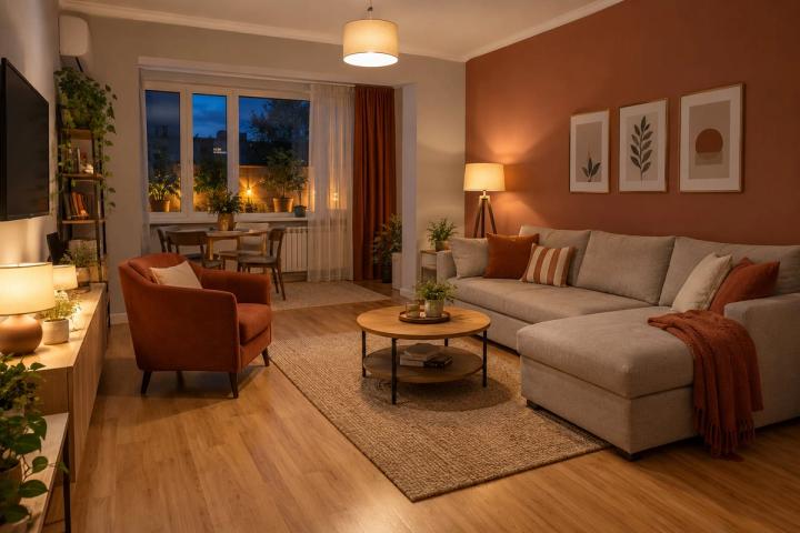 Modern üslubunda qonaq otağı (köhnə planlı mənzil, axşam, lampalar yanır) — Ekonom təmir paketi, dizayn vizuallaşdırması