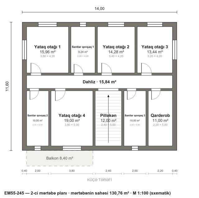 EM55-245 layihəsinin 2-ci mərtəbə planı — 4 yataq otağı