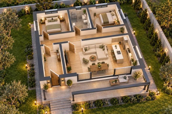 BM84-092 layihəsinin 3D kəsik planı — mebelli otaqlar, vizuallaşdırma