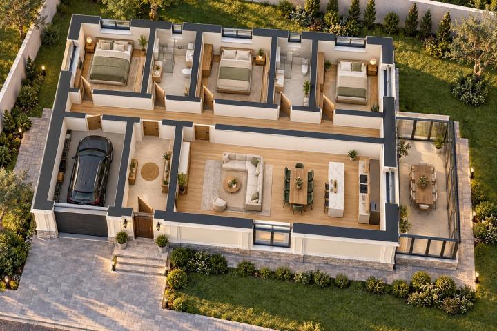 BK80-133 layihəsinin 3D kəsik planı — mebelli otaqlar, vizuallaşdırma