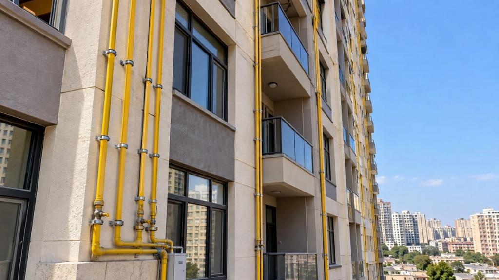 Çoxmərtəbəli yaşayış binasının fasadı boyunca qalxan sarı qaz boruları