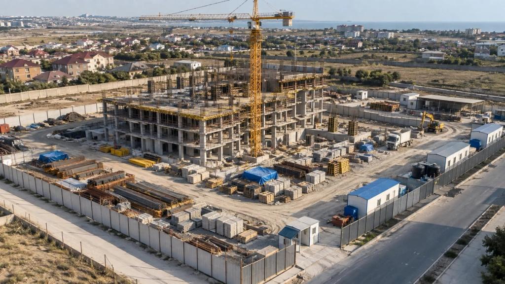 Yuxarıdan baxış: qüllə kranı, hasar və anbar zonaları olan tikinti meydançası