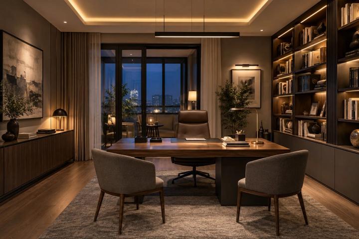 Modern üslubunda kabinet (köhnə planlı mənzil, axşam, lampalar yanır) — Standart təmir paketi, dizayn vizuallaşdırması