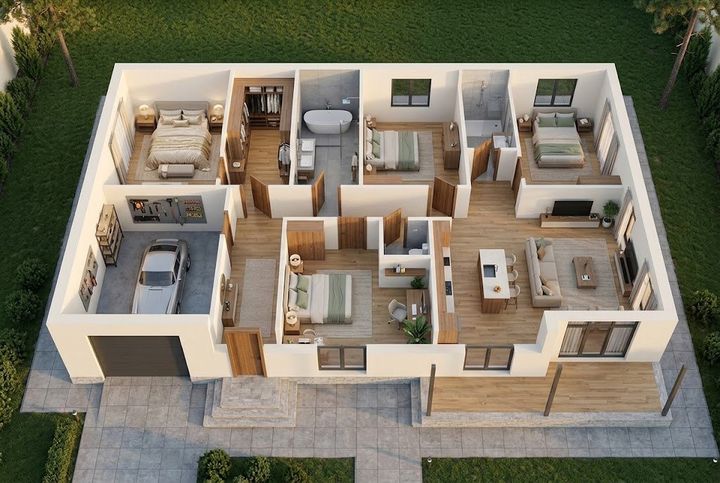 BM49-187 layihəsinin 3D kəsik planı — mebelli otaqlar, vizuallaşdırma