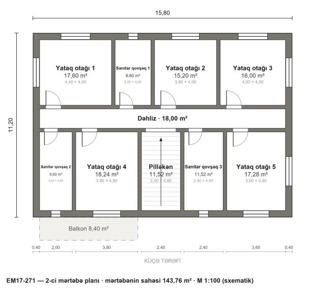 EM17-271 layihəsinin 2-ci mərtəbə planı — 5 yataq otağı