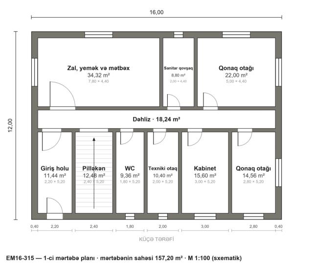 EM16-315 layihəsinin 1-ci mərtəbə planı — 157,20 m²