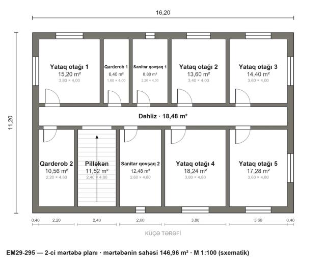 EM29-295 layihəsinin 2-ci mərtəbə planı — 6 yataq otağı