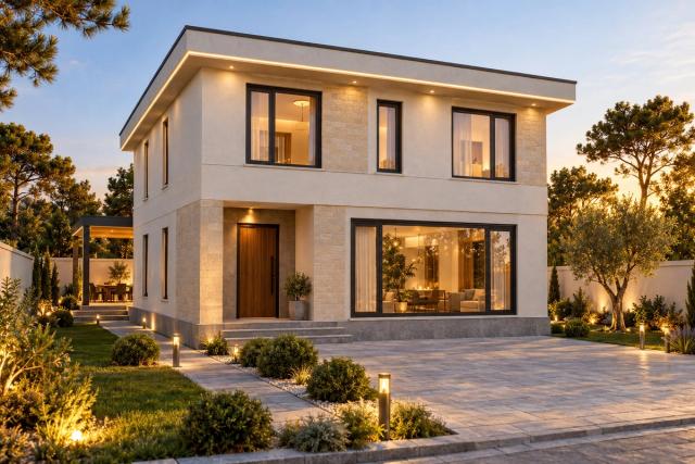 EM99-231 layihəsinin fasad vizuallaşdırması — ikimərtəbəli ev, düz dam