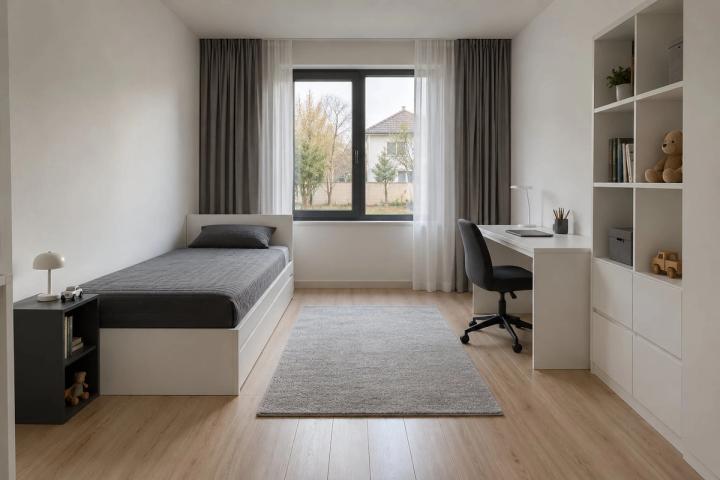 Minimalist üslubunda uşaq otağı (həyət evi, qış gündüzü) — Ekonom təmir paketi, dizayn vizuallaşdırması