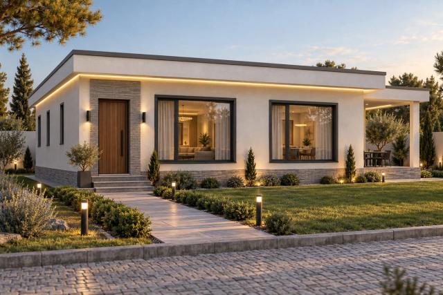 BM07-110 layihəsinin fasad vizuallaşdırması — düz dam, örtülü terras
