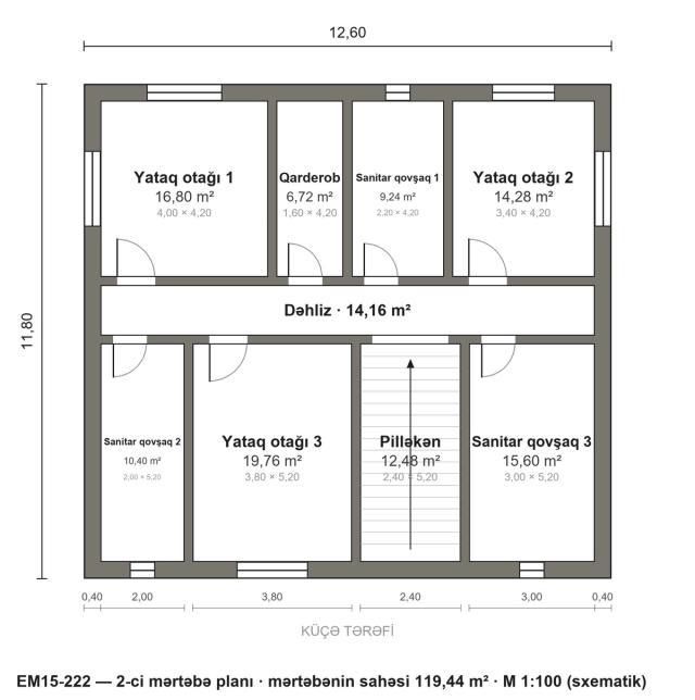 EM15-222 layihəsinin 2-ci mərtəbə planı — 3 yataq otağı