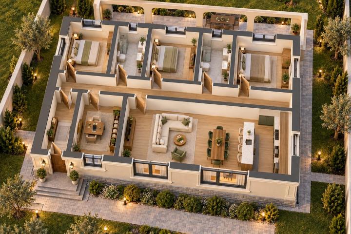 BK64-165 layihəsinin 3D kəsik planı — mebelli otaqlar, vizuallaşdırma