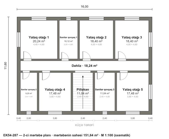 EK54-287 layihəsinin 2-ci mərtəbə planı — 5 yataq otağı