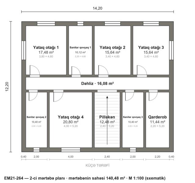 EM21-264 layihəsinin 2-ci mərtəbə planı — 4 yataq otağı
