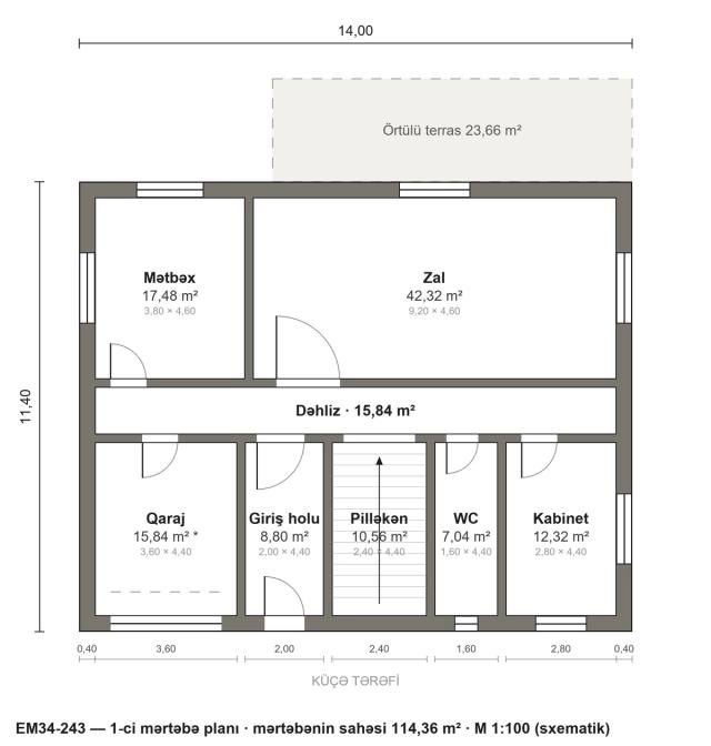 EM34-243 layihəsinin 1-ci mərtəbə planı — 114,36 m²