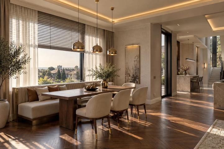 Modern üslubunda yemək zonası (iki mərtəbəli ev, səhər günəşi) — Premium təmir paketi, dizayn vizuallaşdırması
