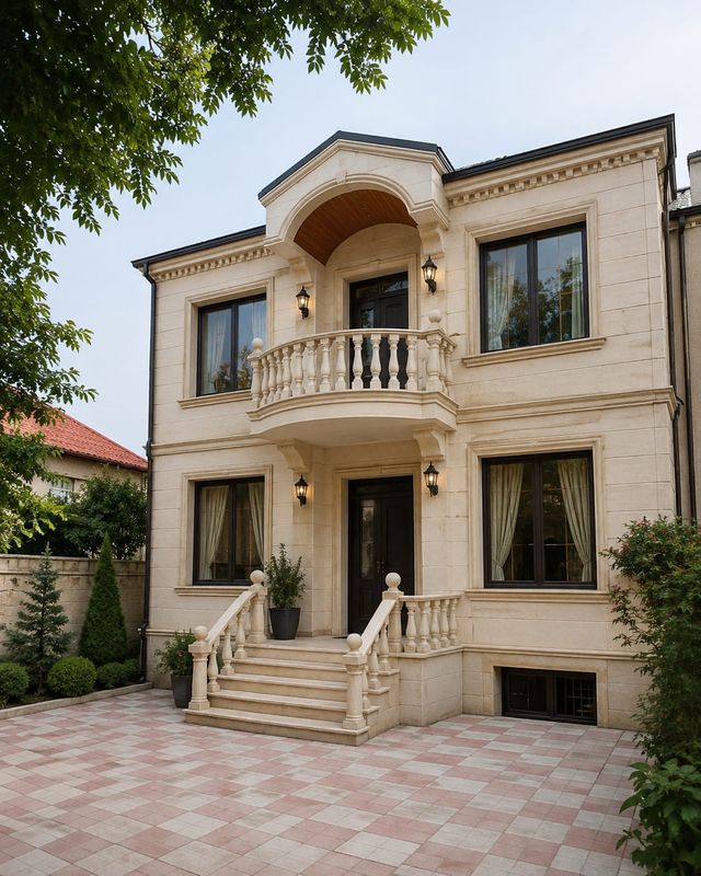 A solidly built two-storey private house in the Kapaz district of Ganja — light-coloured stone cladding, a balustraded balcony and an entrance with stone steps