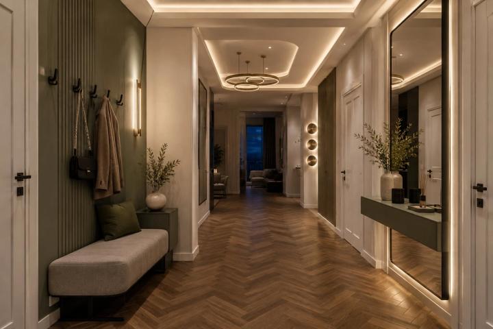 Modern üslubunda giriş holu (penthaus, axşam, lampalar yanır) — Premium təmir paketi, dizayn vizuallaşdırması