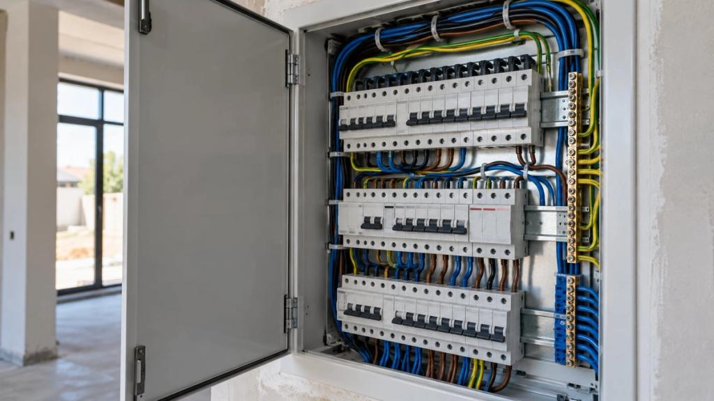 Yeni evdə açıq elektrik paylayıcı lövhəsi və səliqəli kabellər