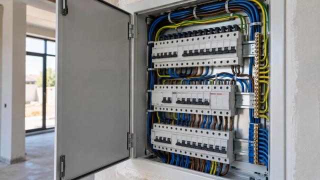 Yeni evdə açıq elektrik paylayıcı lövhəsi və səliqəli kabellər