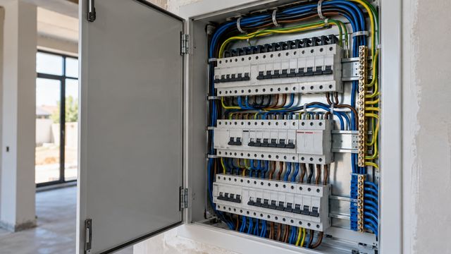 Yeni evdə açıq elektrik paylayıcı lövhəsi və səliqəli kabellər
